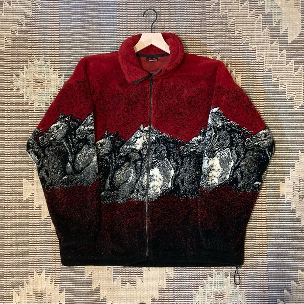 Mazmania Cozy Slouchy Oversized Fleece ‎ Zip Up Horse Print Sweater Jacket